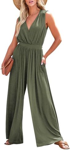 Dokotoo Jumpsuit for Womens Dressy Casual Wrapped V Neck Sleeveless Resort Wear 2024 One Piece Long Romper Smocked Waist with Pockets Outfits for Summer,Dark Blue Small in Saudi Arabia