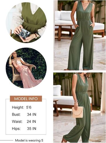 Dokotoo Jumpsuit for Womens Dressy Casual Wrapped V Neck Sleeveless Resort Wear 2024 One Piece Long Romper Smocked Waist with Pockets Outfits for Summer,Dark Blue Small in Saudi Arabia