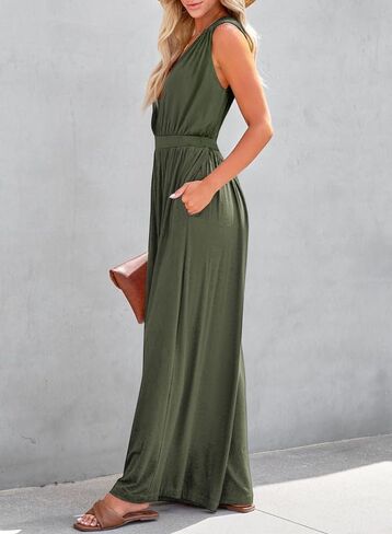 Dokotoo Jumpsuit for Womens Dressy Casual Wrapped V Neck Sleeveless Resort Wear 2024 One Piece Long Romper Smocked Waist with Pockets Outfits for Summer,Dark Blue Small in Saudi Arabia