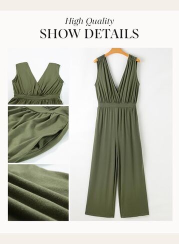 Dokotoo Jumpsuit for Womens Dressy Casual Wrapped V Neck Sleeveless Resort Wear 2024 One Piece Long Romper Smocked Waist with Pockets Outfits for Summer,Dark Blue Small in Saudi Arabia