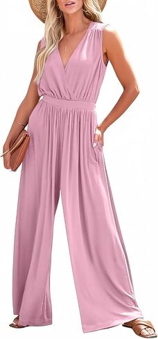 Dokotoo Jumpsuit for Womens Dressy Casual Wrapped V Neck Sleeveless Resort Wear 2024 One Piece Long Romper Smocked Waist with Pockets Outfits for Summer,Dark Blue Small in Saudi Arabia