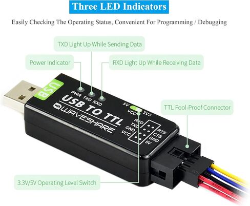 Waveshare Industrial USB TO TTL Converter 6pin Serial Cable, Original FT232RNL Chip Better Stability & Compatibility, Compatible with Linux Android WinCE Win7/8/8.1/10/11, 300bps ~ 3Mbps Data Rate in Saudi Arabia
