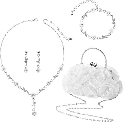 Hicarer 5 Pcs Women Roses Clutch Purse with Detachable Strap Money Clip Rose Jewelry Set Satin Red Flower Evening Handbag Gold Rose Necklace Earrings Bracelet for Wedding Gifts in Saudi Arabia