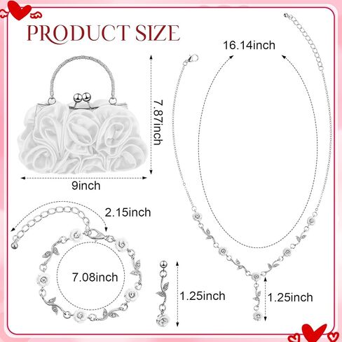 Hicarer 5 Pcs Women Roses Clutch Purse with Detachable Strap Money Clip Rose Jewelry Set Satin Red Flower Evening Handbag Gold Rose Necklace Earrings Bracelet for Wedding Gifts in Saudi Arabia