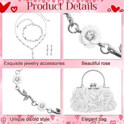 Hicarer 5 Pcs Women Roses Clutch Purse with Detachable Strap Money Clip Rose Jewelry Set Satin Red Flower Evening Handbag Gold Rose Necklace Earrings Bracelet for Wedding Gifts in Saudi Arabia