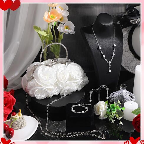 Hicarer 5 Pcs Women Roses Clutch Purse with Detachable Strap Money Clip Rose Jewelry Set Satin Red Flower Evening Handbag Gold Rose Necklace Earrings Bracelet for Wedding Gifts in Saudi Arabia