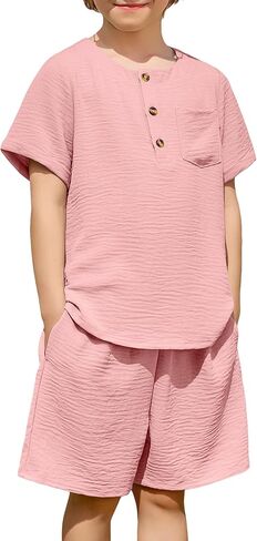 Arshiner Toddler Boy Summer Outfits Short Sleeve Henley T-Shirt & Shorts Set with Pocket for 2-8 Years Kids in Kuwait