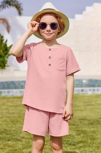 Arshiner Toddler Boy Summer Outfits Short Sleeve Henley T-Shirt & Shorts Set with Pocket for 2-8 Years Kids in Kuwait