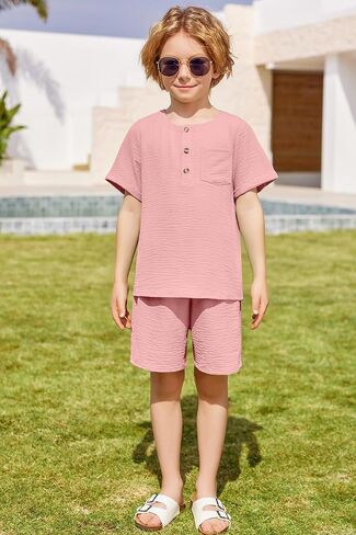 Arshiner Toddler Boy Summer Outfits Short Sleeve Henley T-Shirt & Shorts Set with Pocket for 2-8 Years Kids in Kuwait