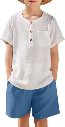 Arshiner Toddler Boy Outfits Summer Summer Thirt Henley T-Shirt & Shorts مع جيب لمدة 2-8 سنوات أطفال in Saudi Arabia