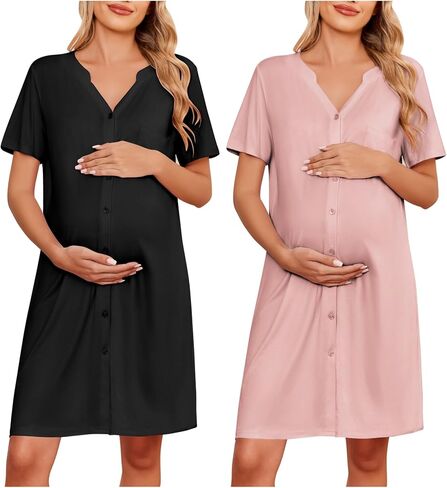 Ekouaer 2 Pack Labor/Delivery/Hospital Gown 3 in 1 Maternity Dress V Neck Nursing Nightgown Postpartum Pajamas with Button in Saudi Arabia