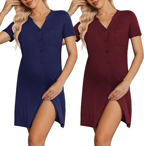 Ekouaer 2 Pack Labor/Delivery/Hospital Gown 3 in 1 Maternity Dress V Neck Nursing Nightgown Postpartum Pajamas with Button in Saudi Arabia