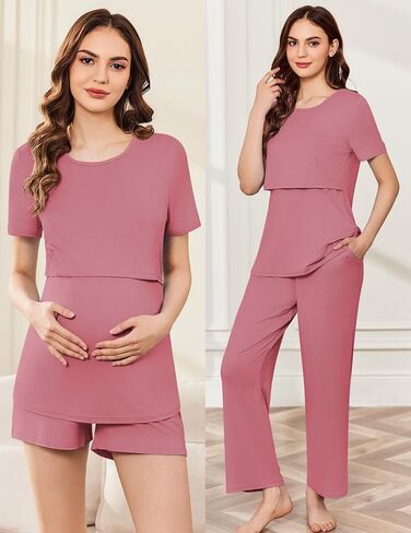 ekouaer 3 قطعة ما بعد الولادة pajamas مجموعة قصيرة الأكمام القمصان الرضاعة الطبيعية سراويل الحمل وسروال الأمومة pjs in Kuwait