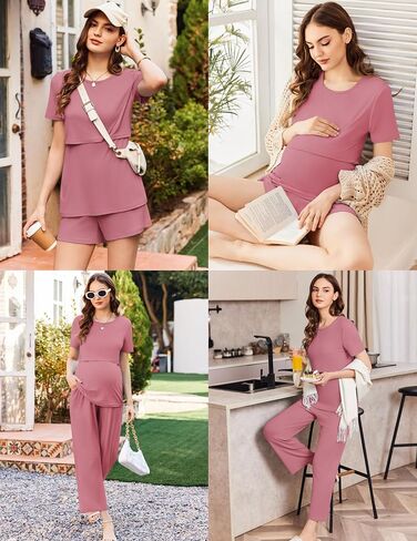 ekouaer 3 قطعة ما بعد الولادة pajamas مجموعة قصيرة الأكمام القمصان الرضاعة الطبيعية سراويل الحمل وسروال الأمومة pjs in Kuwait