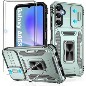 Galaxy A05 Phone Case with Slide Camera Cover and [Screen Protector×2 Pack], Shockproof for Samsung A05 Case with 360°Magnetic Ring Holder Kickstand,Case for Samsung Galaxy A05 Black
