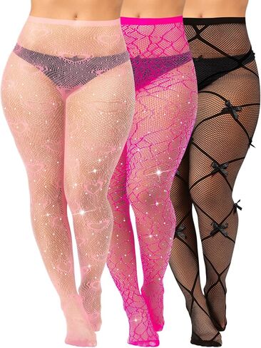 Geyoga 3 Pair Plus Size Rhinestone Fishnets Stockings Glitter Sparkly Tights High Waist Black Fishnet Pantyhose for Women in Saudi Arabia