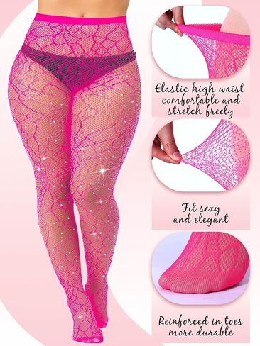 Geyoga 3 Pair Plus Size Rhinestone Fishnets Stockings Glitter Sparkly Tights High Waist Black Fishnet Pantyhose for Women in Saudi Arabia
