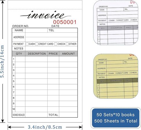 10 عبوات من كتاب إيصالات الشكر، 3.4 × 5.5 بوصة، دفتر فاتورة مبيعات بدون كربون مكون من جزأين، لوحة فاتورة مع ورق مقوى للأعمال التجارية الصغيرة، (50 مجموعة * 10 عبوات) in Kuwait