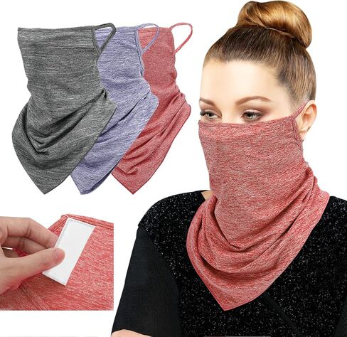 MoKo Scarf Mask Bandana with Ear Loops 3 Pack, Neck Gaiter Balaclava with Filter Pocket UV Sun Protection Face Mask for Dust Wind Motorcycle Cycle Bandana Headband for Women Men, Black in Kuwait