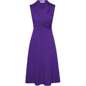 GRACE KARIN 2025 Women's Notch Lapel Ruched Wrap V Neck Business Work Dress Sleeveless A Line Midi Dress