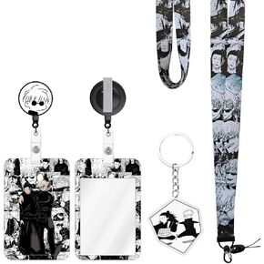 Anime Lanyard with Retractable Badge Reel and Funny Momo ID Badge Holder(with Anime Keychain) 4PCS Set Swivel Clip Alligator Clip for Nurses Student Teacher Women Men