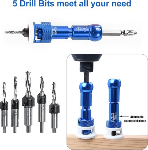 5pcs Countersink Drill Bit Set with 1/4" Quick Release Hex Shank,Adjustable Woodworking Drill bit Set with Low Friction Depth Stop,1/8" 9/64" 5/32" Drill+3/8" 82°Counter-Bore for Carpentry Screw Hole in Saudi Arabia