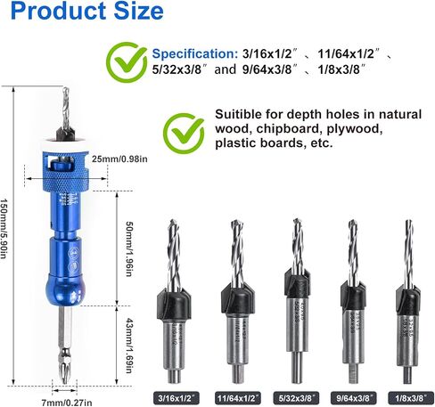 5pcs Countersink Drill Bit Set with 1/4" Quick Release Hex Shank,Adjustable Woodworking Drill bit Set with Low Friction Depth Stop,1/8" 9/64" 5/32" Drill+3/8" 82°Counter-Bore for Carpentry Screw Hole in Saudi Arabia
