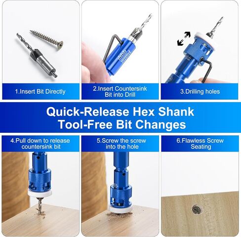 5pcs Countersink Drill Bit Set with 1/4" Quick Release Hex Shank,Adjustable Woodworking Drill bit Set with Low Friction Depth Stop,1/8" 9/64" 5/32" Drill+3/8" 82°Counter-Bore for Carpentry Screw Hole in Saudi Arabia