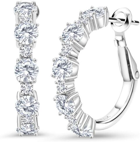 Gem Stone King 3.30 Ct Green Simulated Emerald G/H Lab Grown Diamond 925 Silver Hoop Earrings in Saudi Arabia