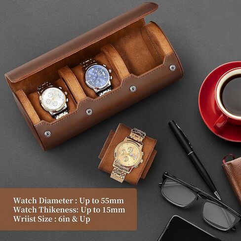2 علبة منظم لساعة السفر للرجال والنساء| حافظة عرض جلدية للساعة | عرض الساعة وتخزينها وحاملها | علبة ساعة لمجموعة ساعات الرجال والنساء (علبة ساعة بني/بني-2) in Kuwait