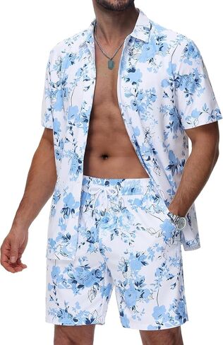 CRYSULLY Men's 2 Piece Outfits Summer Beach Short Sleeve Shirts and Shorts Button Down Hawaiian Printed Sets with Pockets in Kuwait
