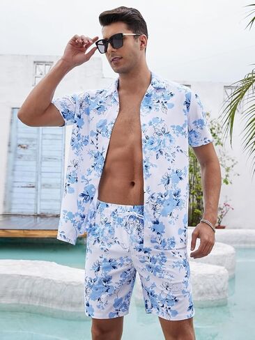 CRYSULLY Men's 2 Piece Outfits Summer Beach Short Sleeve Shirts and Shorts Button Down Hawaiian Printed Sets with Pockets in Kuwait