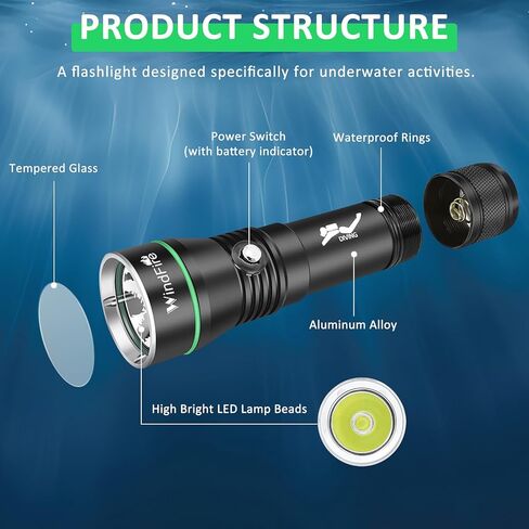 WINDFIRE Dive Lights Scuba Diving Flashlight, 5000LM Scuba Dive Light Rechargeable, IPX8 Waterproof Flashlight Underwater Lights, 3 Modes Diving Torch with Power Indicator for Night Diving in Kuwait