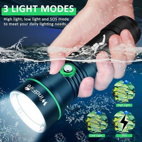 WINDFIRE Dive Lights Scuba Diving Flashlight, 5000LM Scuba Dive Light Rechargeable, IPX8 Waterproof Flashlight Underwater Lights, 3 Modes Diving Torch with Power Indicator for Night Diving in Kuwait