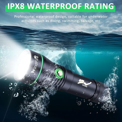 WINDFIRE Dive Lights Scuba Diving Flashlight, 5000LM Scuba Dive Light Rechargeable, IPX8 Waterproof Flashlight Underwater Lights, 3 Modes Diving Torch with Power Indicator for Night Diving in Kuwait