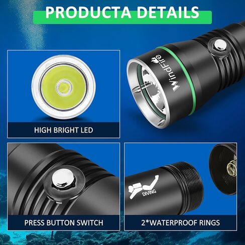 WINDFIRE Dive Lights Scuba Diving Flashlight, 5000LM Scuba Dive Light Rechargeable, IPX8 Waterproof Flashlight Underwater Lights, 3 Modes Diving Torch with Power Indicator for Night Diving in Kuwait