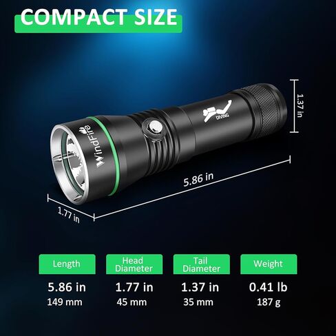 WINDFIRE Dive Lights Scuba Diving Flashlight, 5000LM Scuba Dive Light Rechargeable, IPX8 Waterproof Flashlight Underwater Lights, 3 Modes Diving Torch with Power Indicator for Night Diving in Kuwait