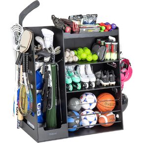 GoSports Premium Wooden Sports Equipment Organizer with Storage Hooks - Golf Bag Rack and Multi-Sport Ball Bin for Garage
