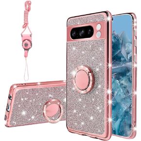 for Google Pixle 8 Pro Case, Pixle 8 Pro Case for Women Glitter Crystal Soft Stylish Clear TPU Luxury Cute Protective Cover with Kickstand Strap for Google Pixel 8 Pro 6.7 inch(Glitter Purple)