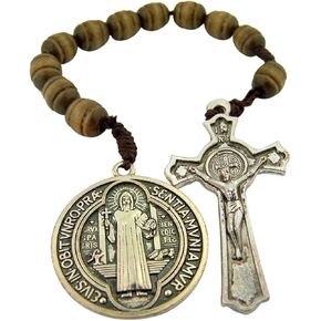 Brown Wood Prayer Bead Pocket Rosary with Saint Benedict Medal and Crucifix, 9 Inch