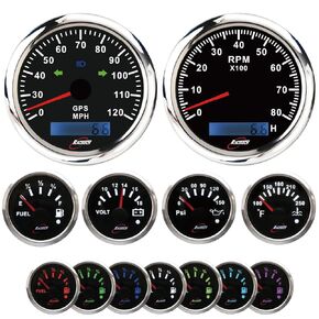 6 Gauge Set 7 Color LED Black Dial - 85mm GPS Speedometer 0-120MPH with Turn Signal&Tachometer 0-8000 RPM, 52mm Volt, Fuel Level, Water Temperature & Oil Pressure - for Car, Boat & Truck