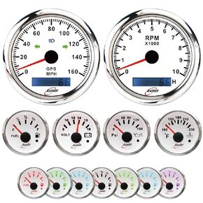 6 Gauge Set 7 Color LED White Dial - 85mm GPS Speedometer 0-160 MPH & Tachometer 0-10000 RPM, 52mm Volt, Fuel Level, Water Temperature & Oil Pressure - for Car, Boat & Truck