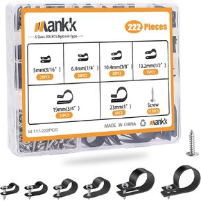 222 Pcs Nylon Plastic R-Type Cable Clips 6 Sizes (3/16'' 1/4'' 3/8'' 1/2'' 3/4'' 1'') Wire Mounting Clips Cable Clamps Assortment Kit with Screws for Cable Management M-117-222PCS