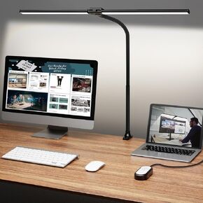 مصباح مكتب ShineTech LED للمكتب والمنزل، ضوء مكتب مزدوج الرأس مشرق مع مشبك، مصباح مهام المهندس المعماري 50 وضع إضاءة قابل للتعديل معقوفة مرنة