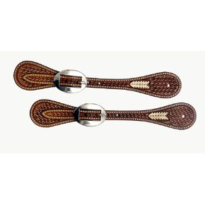 Leather Spur Strap Basket Tooled Design with Rawhide Weaving | Adjustable Single Ply Spur Strap| Western Style Equestrian Accessories | Durable and Stylish Men's and Women's Spur Straps in Kuwait