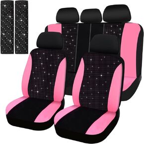Bling Car Seat Cover Full Set Velvet Seat Cover Women Breathable Full Set Vehicle Seat Protector Black Mesh Auto Seat Cover Universal Fit for Most of Sedan SUV Truck Minivan Airbag Compatible (Pink)