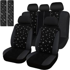 Bling Car Seat Cover Full Set Velvet Seat Cover Women Breathable Full Set Vehicle Seat Protector Black Mesh Auto Seat Cover Universal Fit for Most of Sedan SUV Truck Minivan Airbag Compatible (Pink)