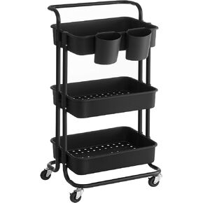 SONGMICS Rolling Cart, 3-Tier Storage Cart, Storage Trolley with Handle 2 Small Organizers, Steel Frame, Plastic Baskets, Utility Cart, Easy Assembly, for Bathroom Laundry Room, White UBSC067W01