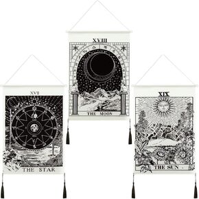 3 Pieces Tarot Card Tapestry Moon Star and Sun Tapestry Mountain Tapestry Black and White Art Tapestry Astronomical Theme Wall Hanging Decoration for Home Room, 13.8 x 19.7 Inches
