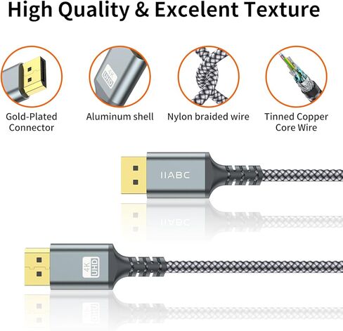 كابل DisplayPort إلى DisplayPort 4K DP 1.2 كابل نايلون مضفر (2K@165 هرتز، 2K@144 هرتز)، كابل DP إلى DP فائق السرعة 3.3FT متوافق مع شاشة ألعاب الكمبيوتر المحمول والتلفزيون in Kuwait
